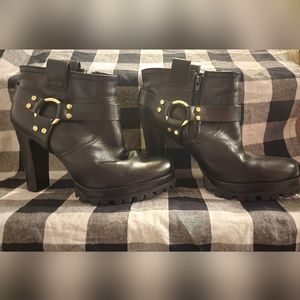 Tory Burch Black Heeled Boots with Gold Accents